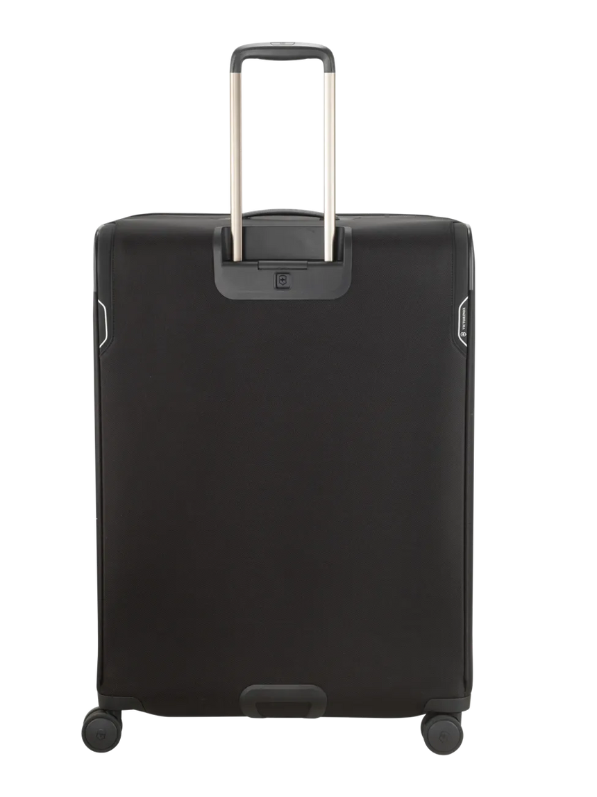Black rolling suitcase with an extendable handle.
