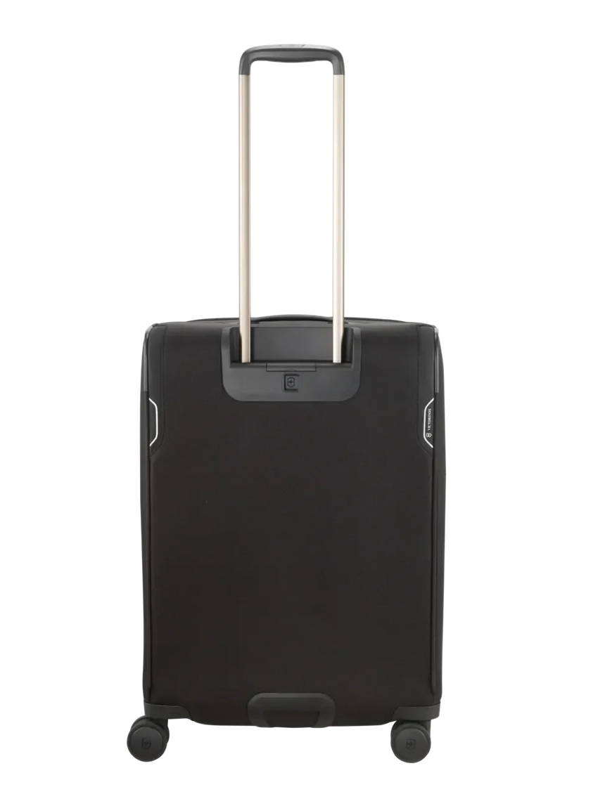 Black rolling suitcase with an extendable handle.