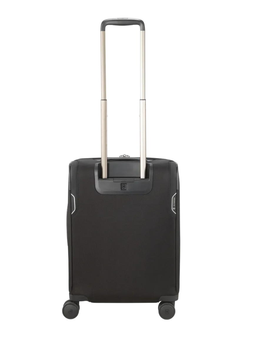 Black wheeled carry-on suitcase with an extendable handle.