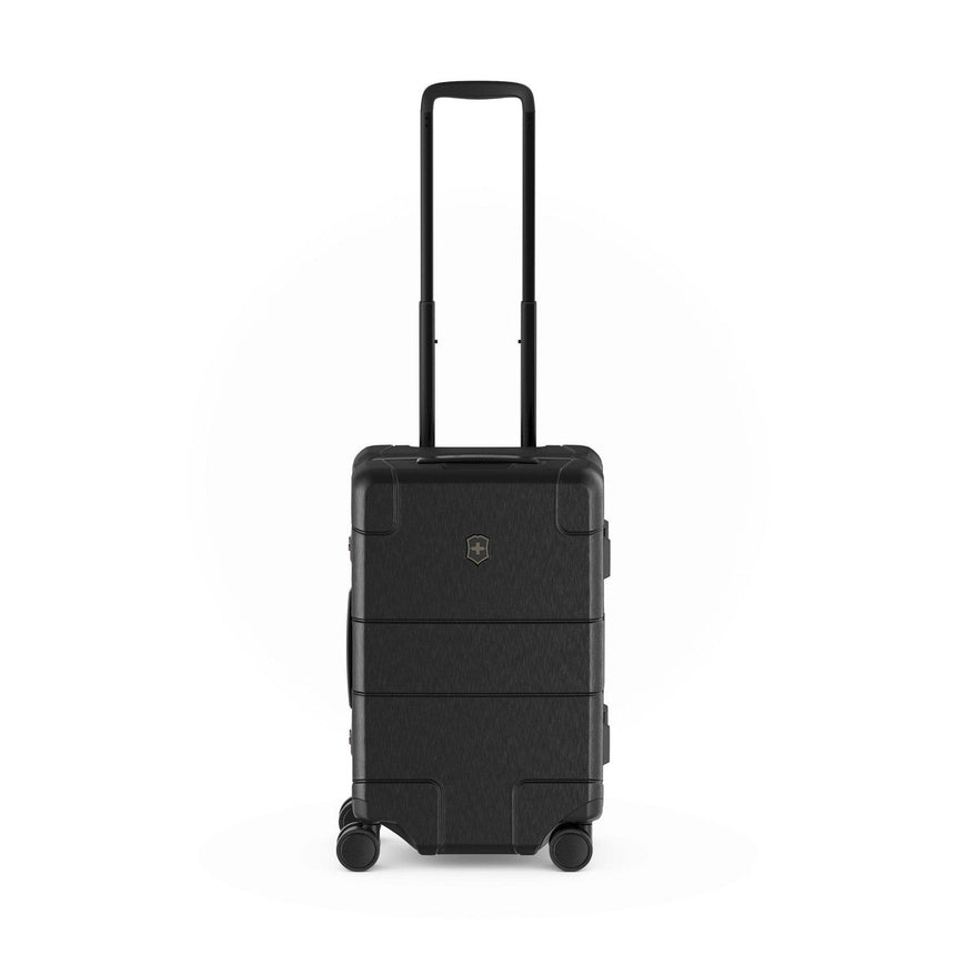 Black hardshell rolling suitcase with an extendable handle and wheels.