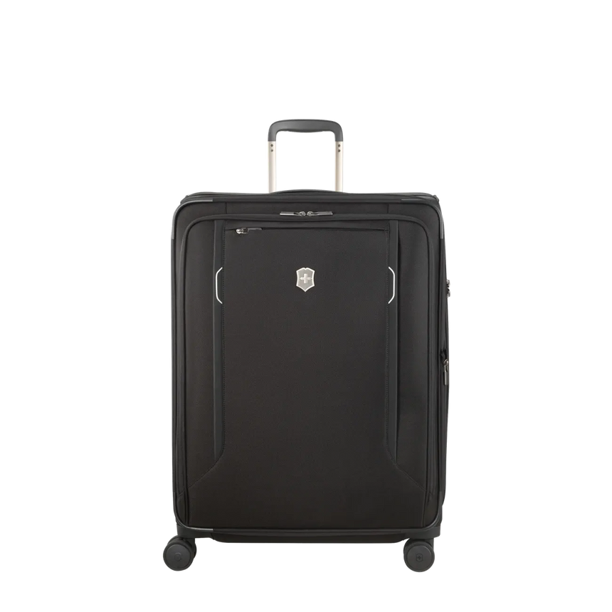 Black wheeled suitcase with a retractable handle and a logo on the front.