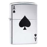 Zippo lighter with an Ace of Spades design on its silver case.