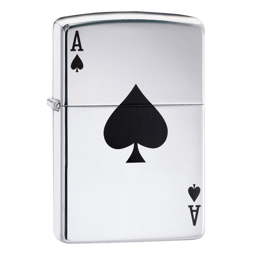 Zippo lighter with an Ace of Spades design on its silver case.