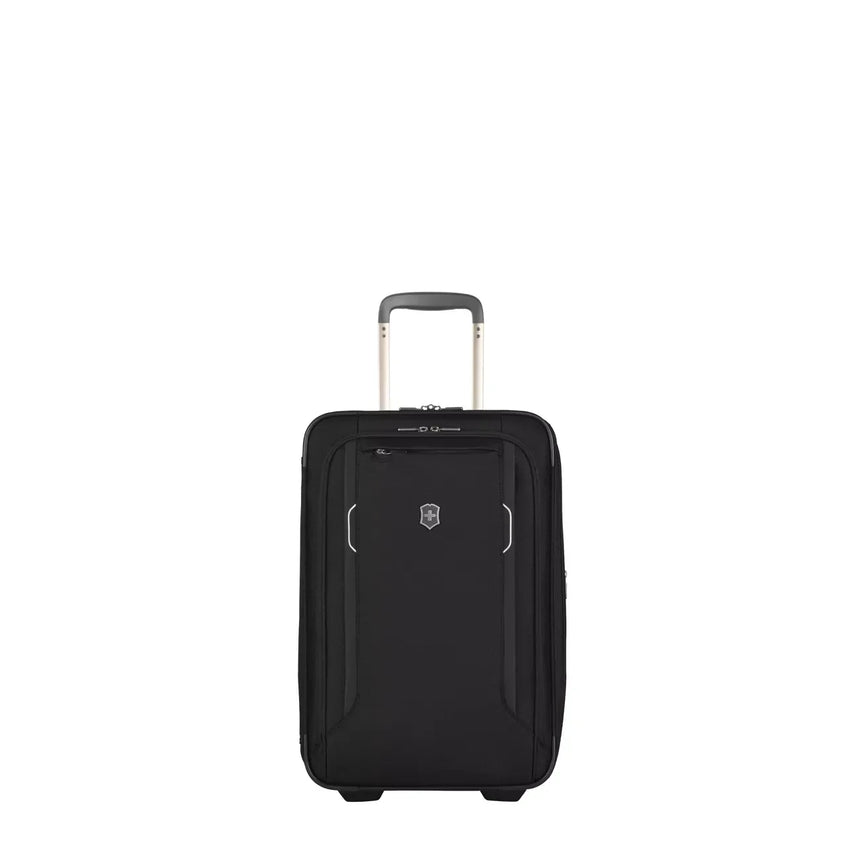 Black rolling carry-on suitcase with a retractable handle.