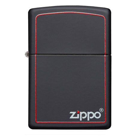 Black Zippo lighter with red border and white logo.