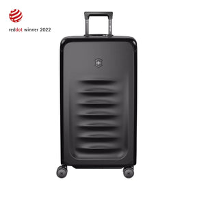 Black hardshell rolling suitcase with horizontal ridges and a retractable handle.
