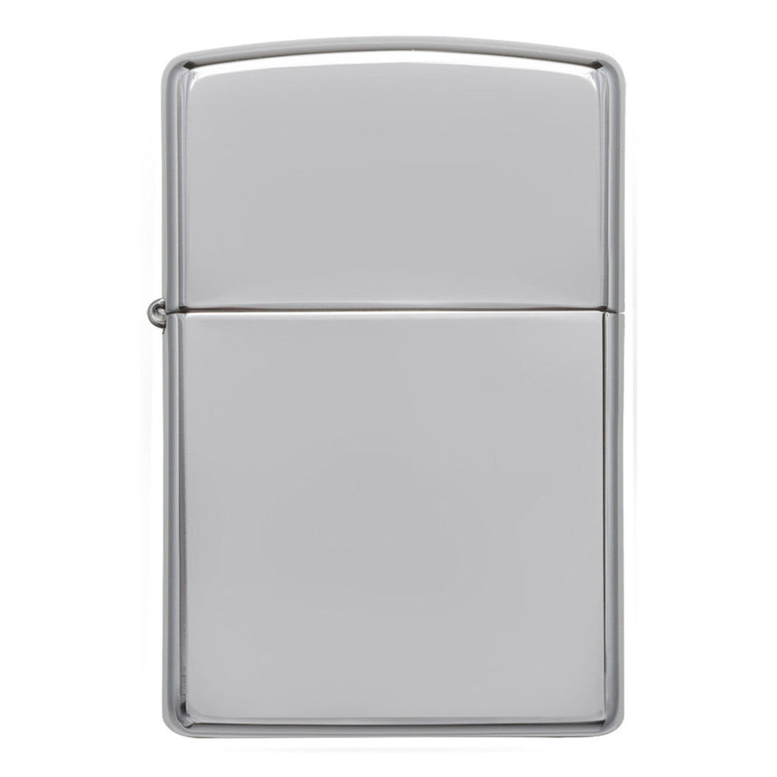Silver Zippo-style metal lighter with a plain, reflective surface.