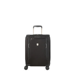 Black rolling carry-on suitcase with a retractable handle.