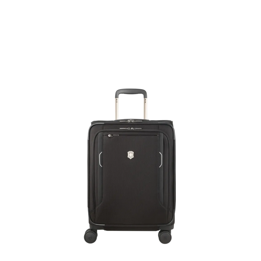 Black rolling carry-on suitcase with a retractable handle.