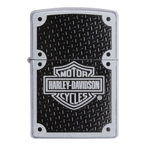 Zippo-style lighter featuring the Harley-Davidson logo on a textured black background.