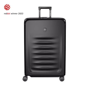 Black hardshell rolling suitcase with horizontal ridges and a retractable handle.