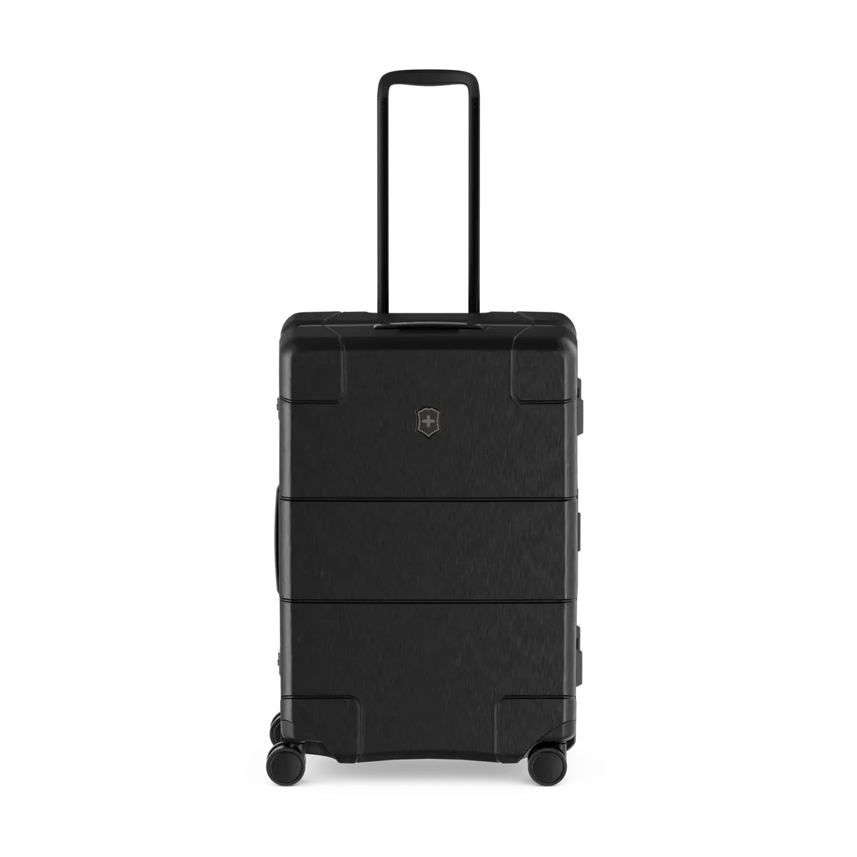 Black hardshell rolling suitcase with horizontal ridges and an extendable handle.