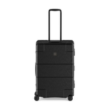 Black hardshell rolling suitcase with horizontal ridges and an extendable handle.