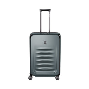 Gray hardshell rolling suitcase with horizontal ridges on the front.