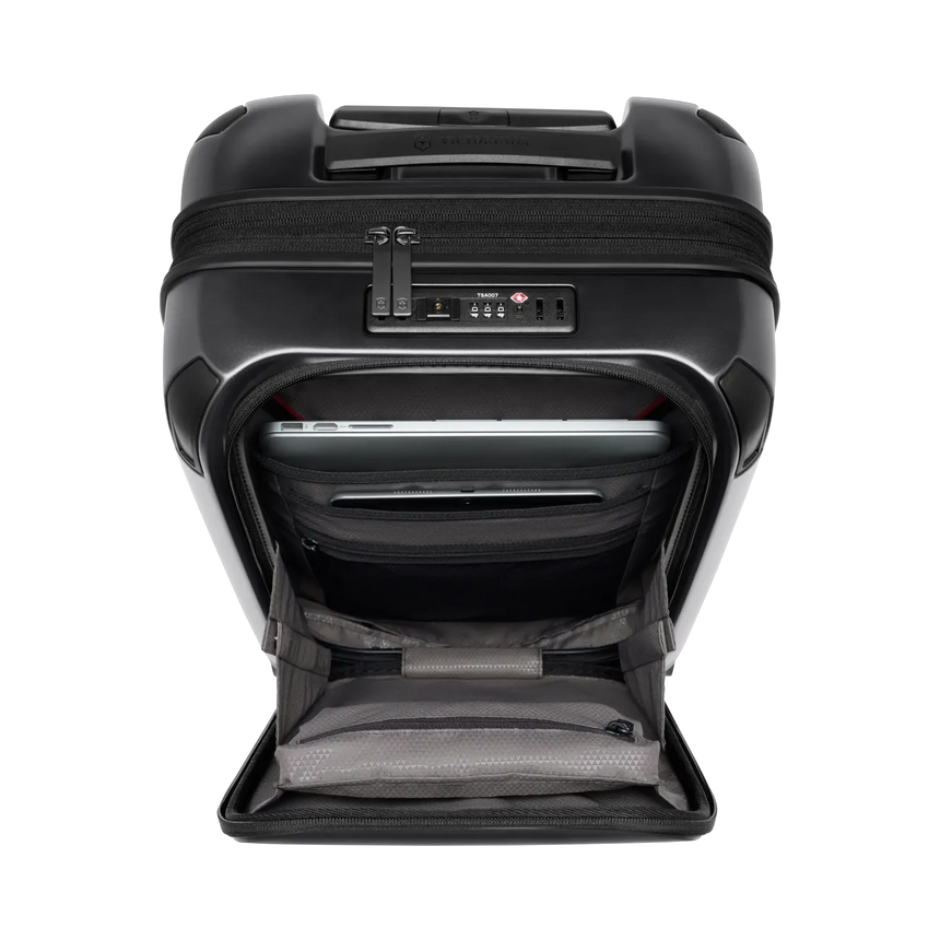 Black hardshell rolling suitcase with a front pocket compartment.