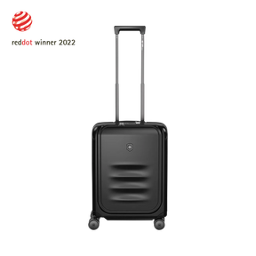 Black hardshell rolling suitcase with an extendable handle and wheels.