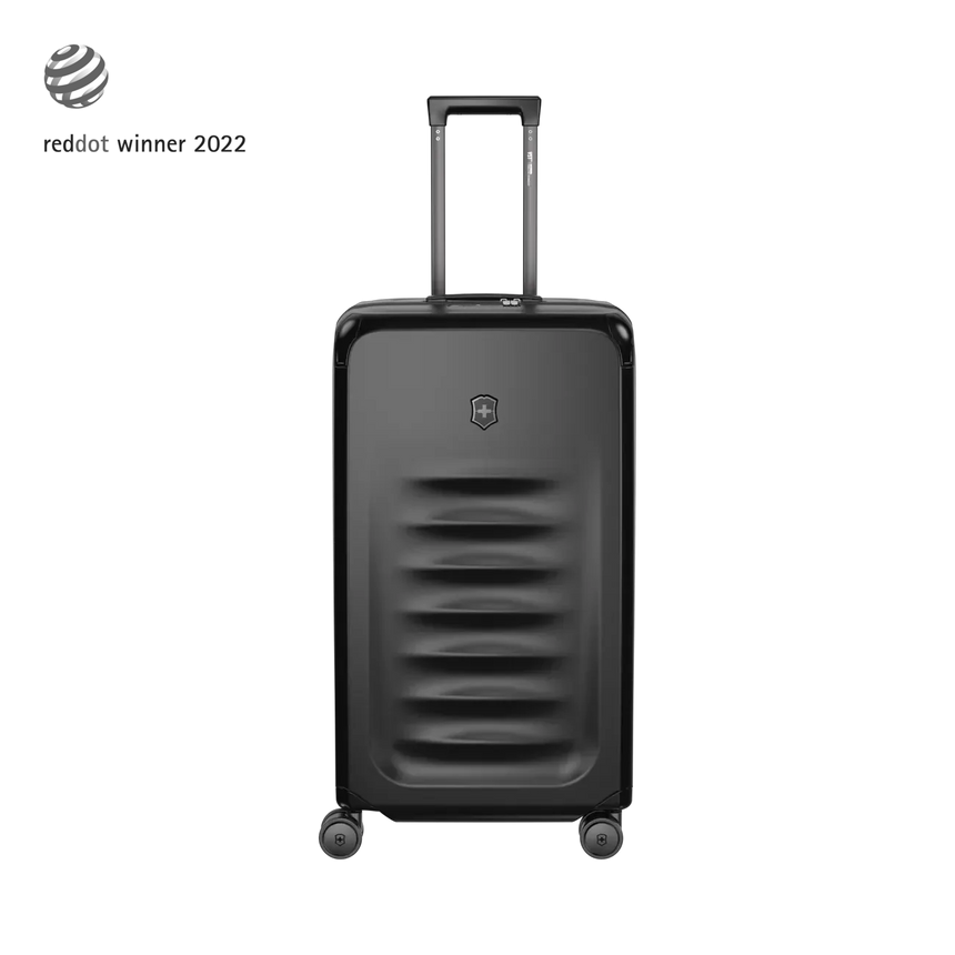 Black hardshell rolling suitcase with horizontal ridges on the front.
