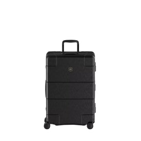 Black hardshell rolling suitcase with horizontal ridges and a retractable handle.