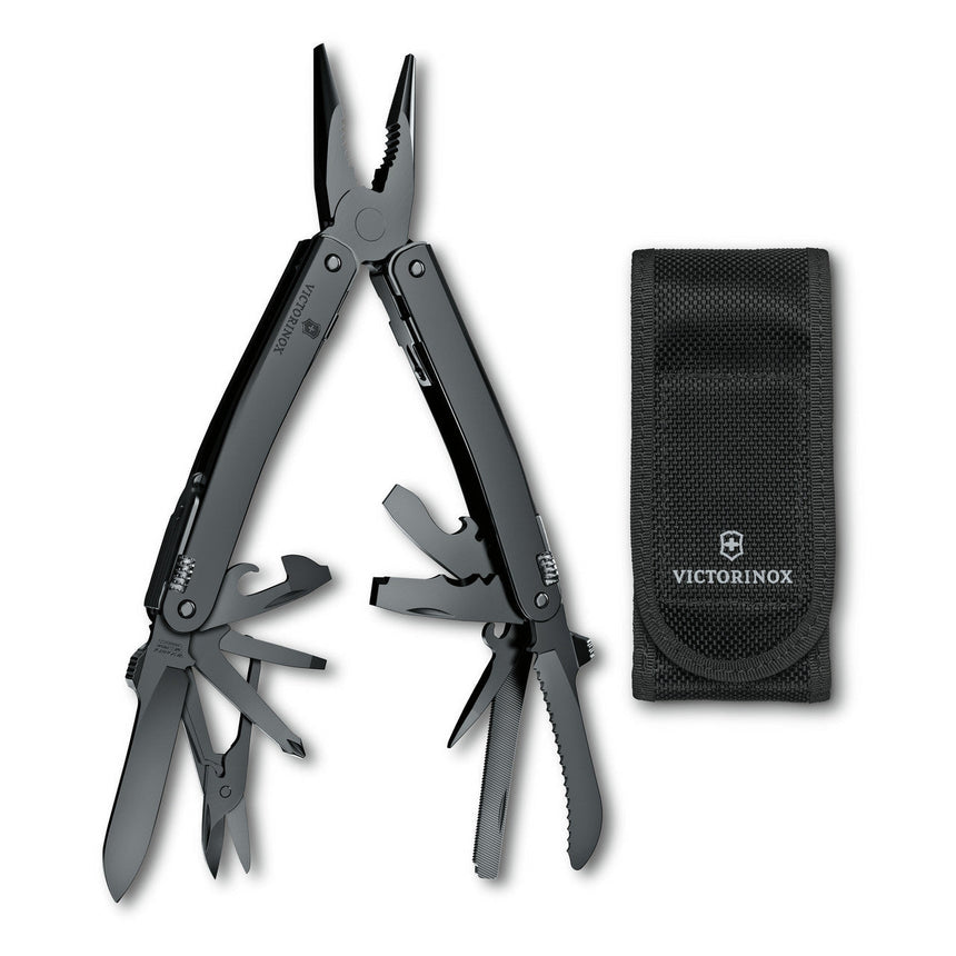 Multi-tool pliers with various folding implements and an accompanying black carrying case.