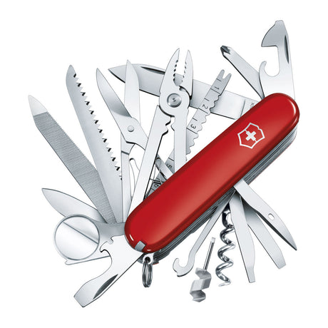 Swiss Army knife with multiple tools and a red handle.