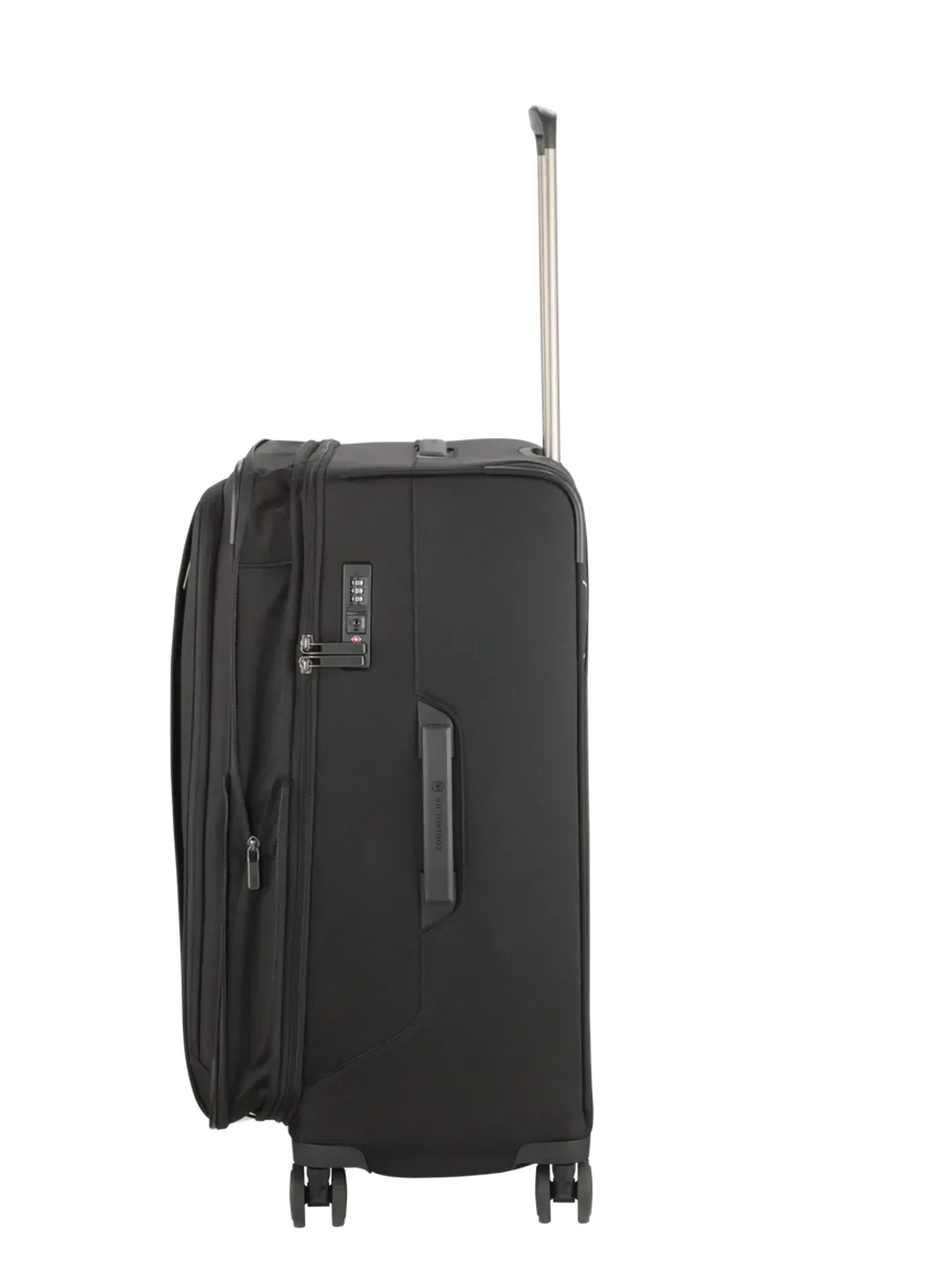 Black wheeled suitcase with an extendable handle.