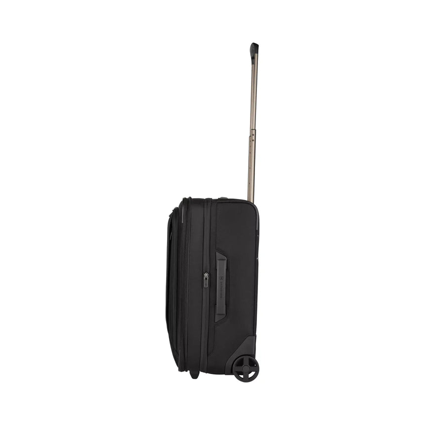 Black wheeled carry-on suitcase with an extendable handle.