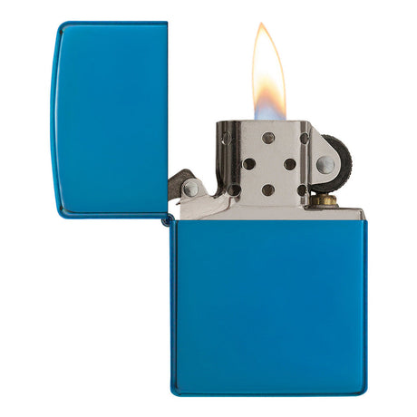 Blue metal lighter with an open lid and visible flame.