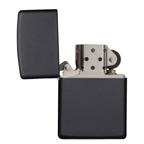 Matte black metal lighter with an open lid revealing the internal mechanism.