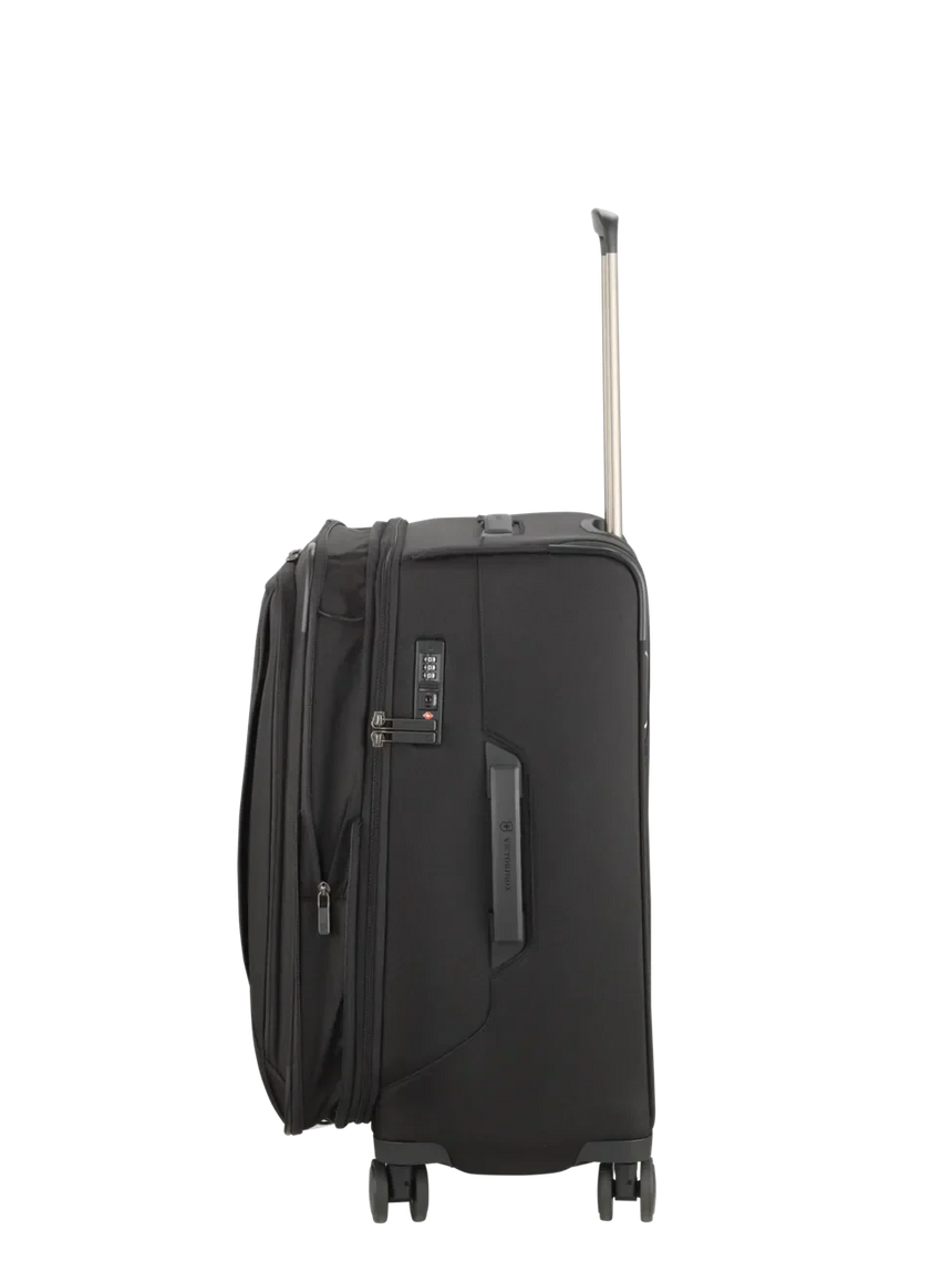 Black wheeled suitcase with an extendable handle.