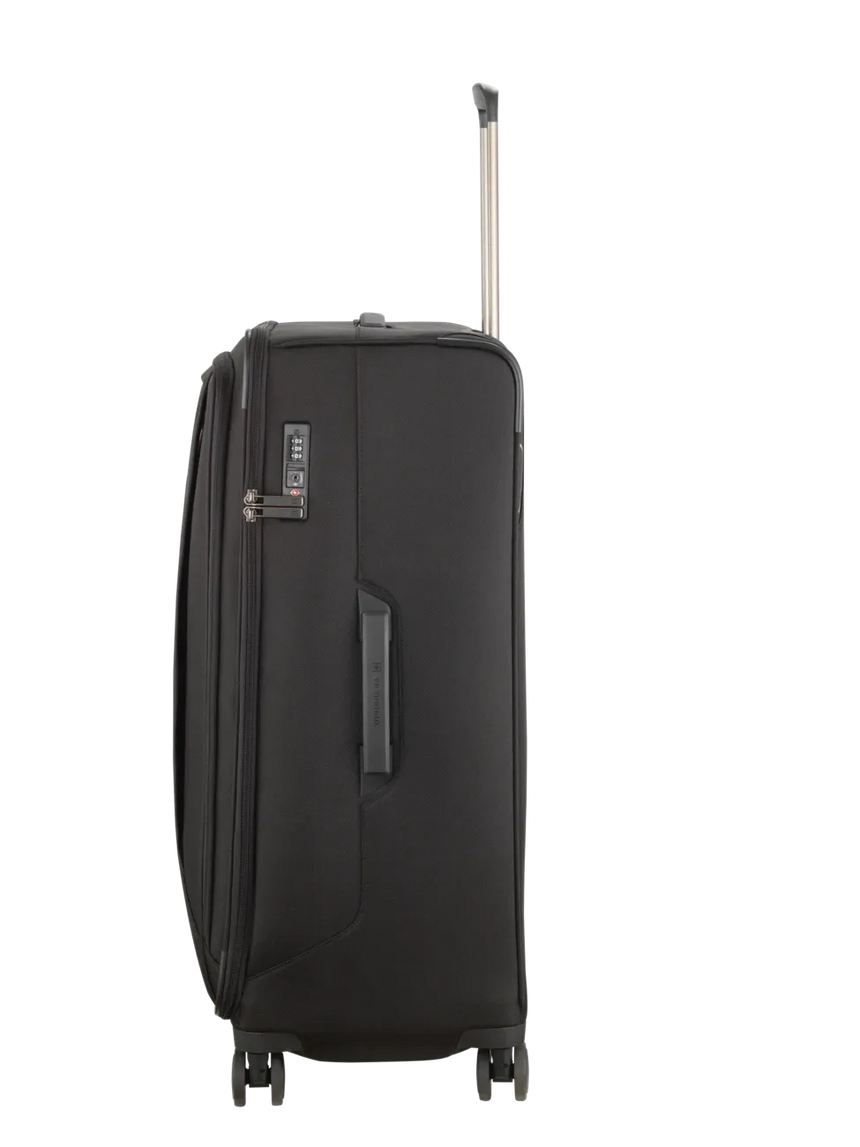 Black wheeled suitcase with an extendable handle.