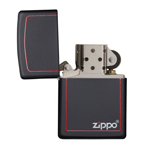 Black Zippo lighter with red trim and silver metal components.