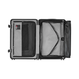 Open suitcase with compartments and straps for organizing contents.