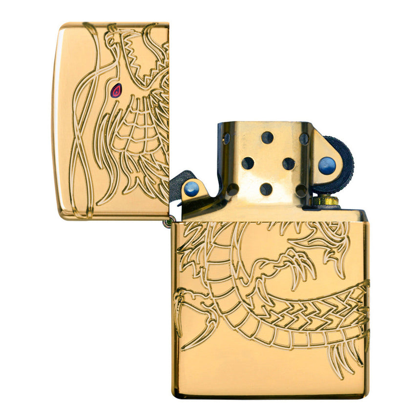 Gold-colored zippo lighter with an engraved dragon design.
