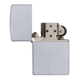 Metallic silver flip-top cigarette lighter with an open lid.