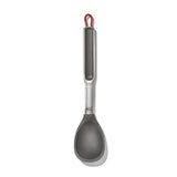 Kitchen ladle with a gray scoop and silver handle featuring a red hanging loop.