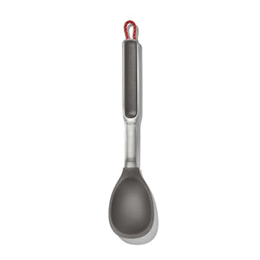 Kitchen ladle with a gray scoop and silver handle featuring a red hanging loop.