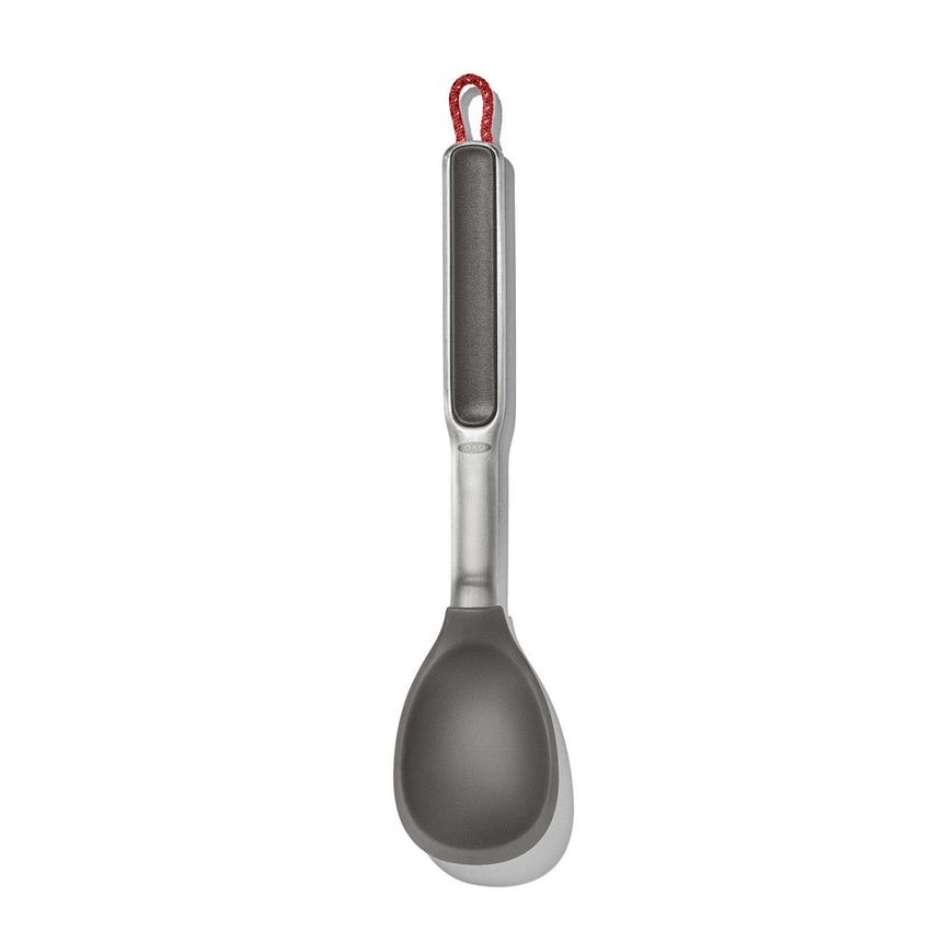 Kitchen ladle with a gray scoop and silver handle featuring a red hanging loop.
