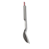Sleek, modern kitchen tongs with a silver metallic finish and red accent.