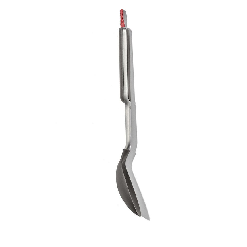 Sleek, modern kitchen tongs with a silver metallic finish and red accent.