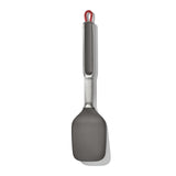 Silicone spatula with a metal handle and red hanging loop.