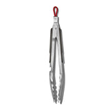 Kitchen tongs with a red hanging loop.