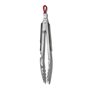 Kitchen tongs with a red hanging loop.