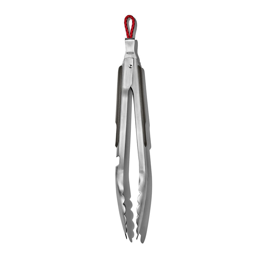 Kitchen tongs with a red hanging loop.