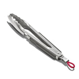Kitchen tongs with stainless steel construction and a red loop handle.
