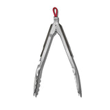 Kitchen tongs with stainless steel arms and a red loop handle.