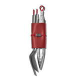 Compact multi-tool with red handle and folded metal implements.