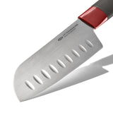 Santoku knife with a stainless steel blade and red-accented handle.