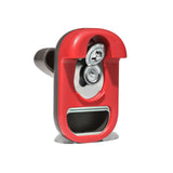 Red can opener with a metallic cutting wheel visible.