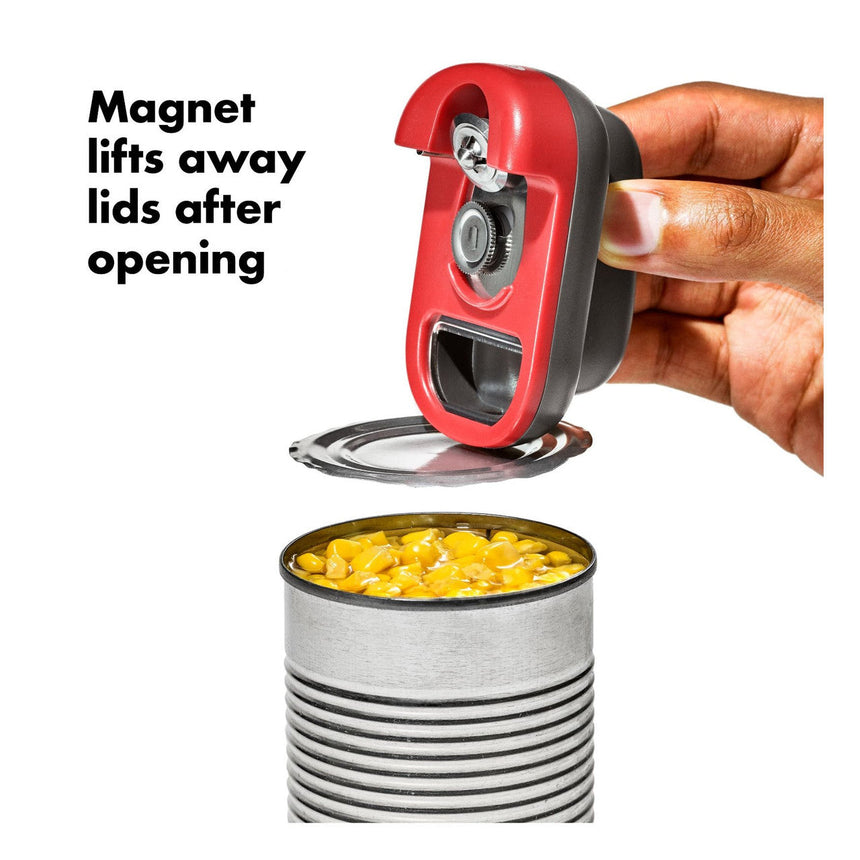 Electric can opener with a magnetic lid lifter feature.