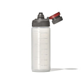 Transparent plastic water bottle with a gray cap and red flip-top spout.